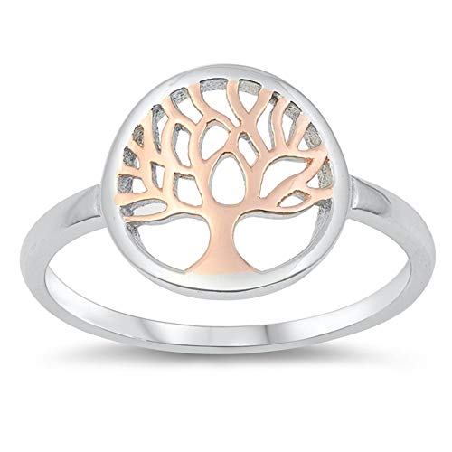 CloseoutWarehouse Rhodium Plated Sterling Silver Rose Gold-Tone Tree of Life Ring
