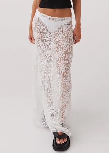 ensswliz Women Lace Long Skirt High Waist See Through Midi Skirts Summer Elegant Beach Party Slim Fit Maxi Skirts (A-White, M) - Image 2
