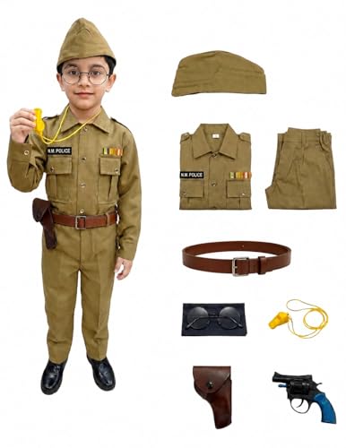 Image of BookMyCostume 8-Pcs Netaji Subhash Chandra Bose Indian National Leader Dress | Freedom Fighter Costume for Kids | Patriotic Independence Day, School Annual Function & Fancy Dress | Khaki 6-7 Years