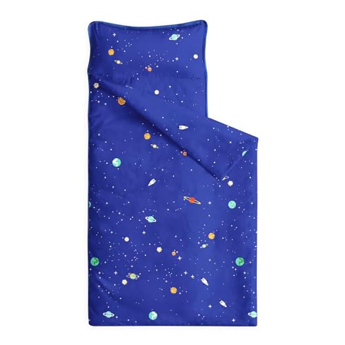 Image of Wake In Cloud - Toddler Nap Mat with Pillow and Blanket, 100% Cotton Fabric, for Kids Boys Ages 3 Plus in Daycare Kindergarten Preschool, Roll Up Sleeping Bag, Galaxy Spaces