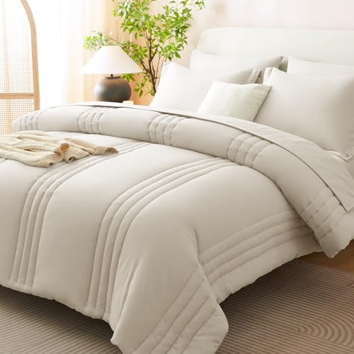 CozyLux King Size Comforter Set - 7 Pieces Bed in a Bag Beige Comforters King Size Bed Set, Soft Bedding Set with All Seasons Comforter, Sheets, Pillowcases & Shams