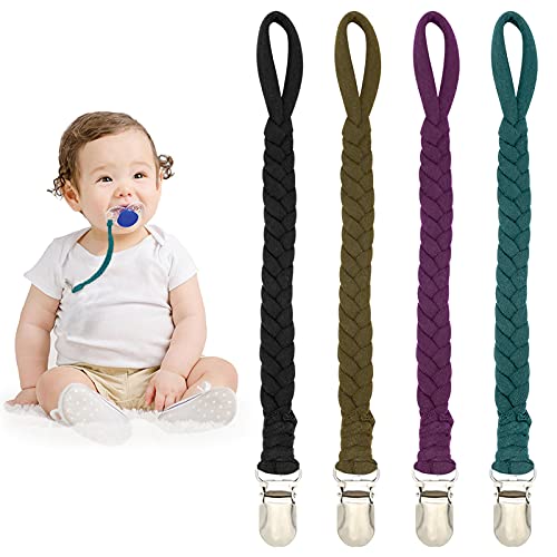 Image of Higo Pacifier Clips for Baby, Hand-Made Braided Pacifier Leash for Boys& Girls, Flexible Baby Teething Holders for Pacifiers, Teether Toys, Soothie (Navy Blue/Dark Green/Dark Purple/Army Green)