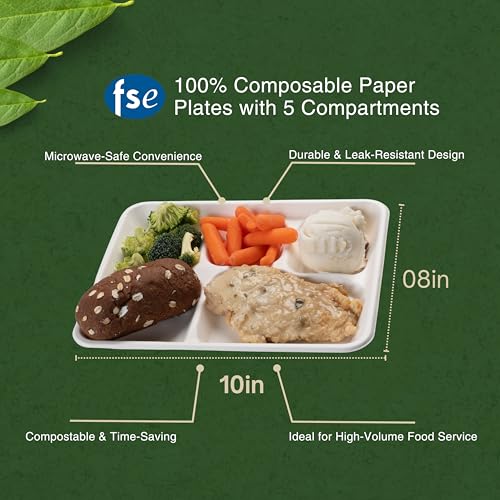 Image of FSE 100% Compostable Paper Plates with 5 Compartments, 8x10 Inch, School Lunch Trays, Heavy Duty Disposable Plates, Eco-Friendly Unbleached Bagasse, Microwave Safe, (Case of 500)