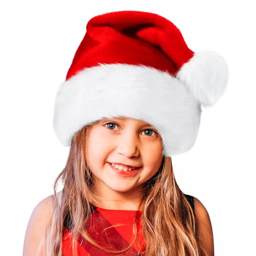 BOSONER Santa Hat Xmas Holiday Hat for Kids Unisex Velvet Comfort Christmas Hats Extra Thicken Classic Fur for Christmas New Year Festive Holiday Party Supplies