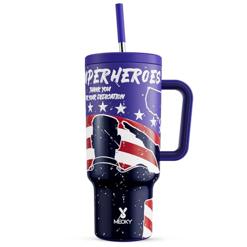 Meoky 40 oz Tumbler with Handle and Straw, Tumbler with Lid and Straw, Insulated Stainless Steel Travel Mug, 100% Leak-proof, Keeps Cold for 34 Hours (Salute)