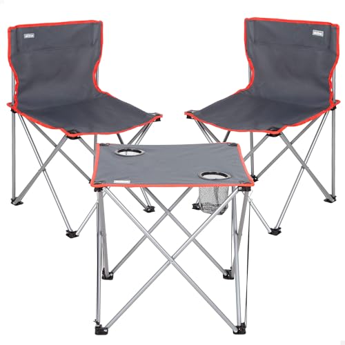 AKTIVE Set Camping Plegable, Mesa 46x46x46 cm, 2 sillas de 43x43x71 cm, Gris, Estructura Acero, Topes antivuelco, Peso soportado 110 kg, Posavasos Integrados, Bolsa de Transporte (63182)