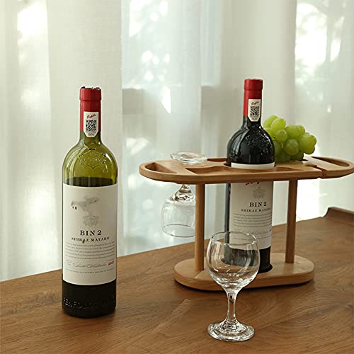 Soporte de vino de madera para dos copas y una botella miniatura 3