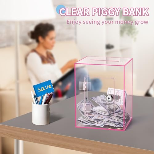 Clear Piggy Bank for Adults Kids, Large Acrylic Piggy Bank Money Saving Box for Cash Saving with Key, Openable Clear Acrylic Savings Jar for Real Money (Pink)