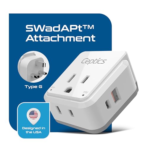 Image of Ceptics Travel Adapter India to UK, Ireland Power Adapter Travel, Dual USB & USB-C 3.1A - 2 USA Socket - Compact & Powerful - Use in Hong Kong, England, Dubai, Saudi Arabia - Includes Type G Plug