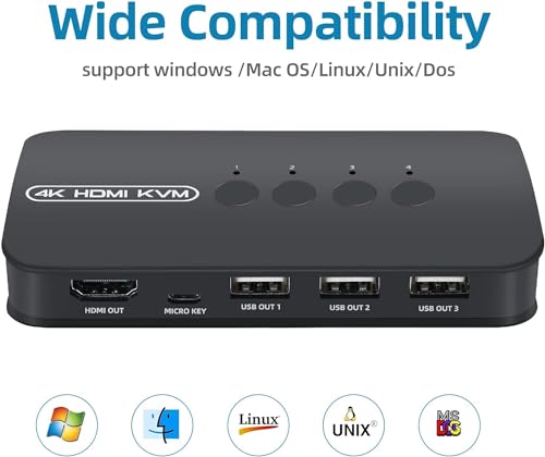 Image of 4K HDMI KVM Switch, 4 Port HDMl USB Switch for 4 Computer Share a 4K@30Hz Monitor and 3 Usb Device Keyboard Mouse Printer, Including 4 Cables (4 PORT HDMI USB KVM Switch Selector)