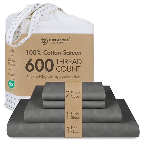 Image of Threadmill 100% Cotton Sheets for Full Size Bed - 600 Thread Count Full Bed Sheets Set with 16 inch Deep Pocket - Jacquard Sateen Weave 4-Piece Bedding Set with Cooling Effect, Dark Grey