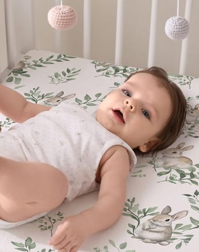 Image of Pack and Play Sheets 2 Pack, Fitted Jersey Knit Mini Crib Sheets for Baby Boys and Girls, Compatible with Graco Pack N Play and Mini Crib Mattress (Bunny Meadow, Pack N Play /Mini Crib Sheets)