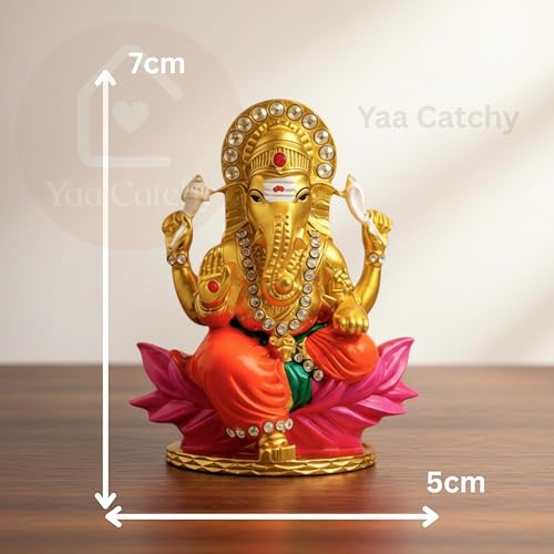 Image of Lord Ganesha Car Dashboard Idol & Crystal Stones Lotus Base Design Hindu God Ganpati.Believed to Protect and Bless Travelers on Their Journeys. (Color)