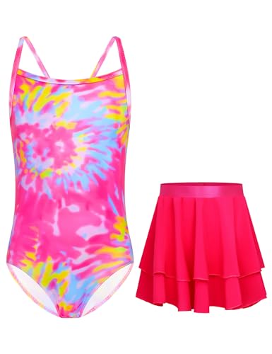WhizBuzz Swimsuits with Skirt for Girls 3t 4t One Piece Sleeveless Rose Yellow Tie Dye Bating Suit UPF 50+ Swimwear
