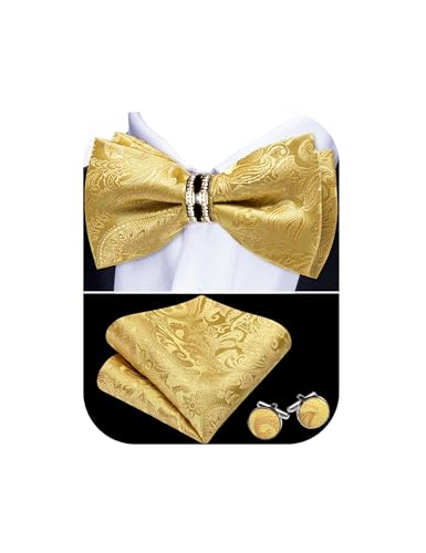 Image of YOHOWA Mens Bow Tie Set Paisley Pre-tied Bowties Adjustable with Handkerchief Cufflinks Gold Ring Set Wedding Prom Party