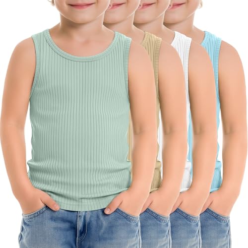 Image of 4 Pack Toddler Boys Cotton Tank Tops | Ribbed, Sleeveless T-Shirts, Summer Undershirts, Slim Fit, Crewneck, Layering, Sizes 18M-5T