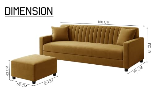 Image of 3 Seater Sofa with Ottoman | Modern Upholstered Couch | Vertical Channel Tufted Backrest | Comfortable Cushioned Seating | Contemporary Sofa Set for Living Room & Office - Golden Color