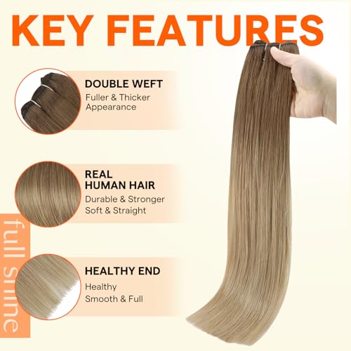 Image of Full Shine Weft Hair Extensions 14 Inch 100G Ombre Blonde Remy Human Hair | Straight Weft, Sew In Hair Extensions, Ombre Dark Blonde To Light Blonde, Remy Human Hair, Natural Daily Styling