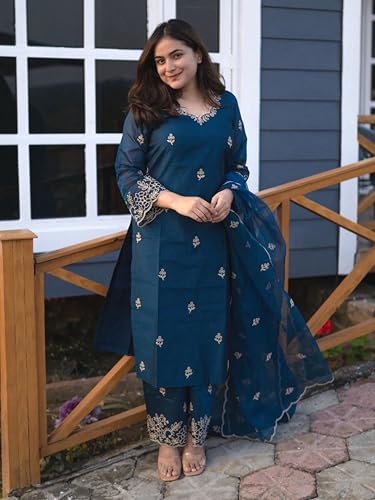 Image of Royal Export Women's Kurta Set | Viscose Silk Floral Embroidered Straight Kurta Pant Dupatta Set Kurta Sets for Women | Ladies Kurta Set (RX60-P)