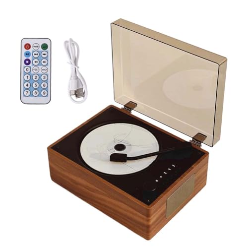 Lecteur CD Portable, Bluetooth avec Haut-parleurs, Petit Lecteur DVD Vintage avec Télécommande, Support USB/AUX/Type-C, Lecteur de Musique Rechargeable, Lecteur CD de Bureau AUX de 3.5 mm (Le Brun)