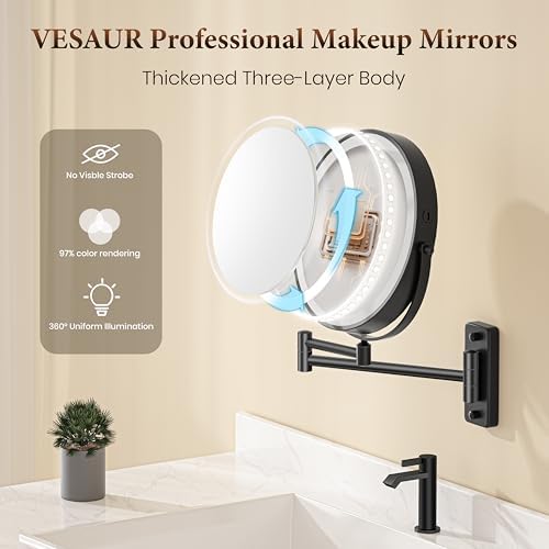 9" Large Wall Mounted Lighted Makeup Mirror Black Nickel, 1X/20X Magnifying Mirror with 3 Color Light, LED Lights Dimmable 5000mAh Rechargeable Wall Mount Makeup Mirror, 360° Swivel 17" for Bathroom