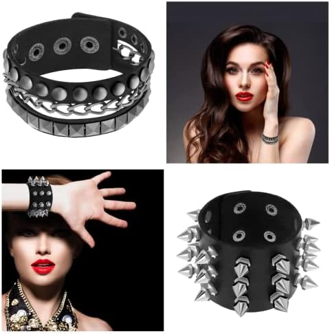Dacitiery 6 Pcs Punk Studded Bracelet Rivets Bracelet, Black Metal Spike Studded Rivets Bracelet Cuff for Mens Womens Rock Vintage Gothic Style Adult