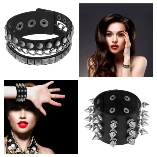 Dacitiery 6 Pcs Punk Studded Bracelet Rivets, Black Metal Spike Studded Rivets Bracelet Cuff for Men Women Rock Vintage Gothic Style Adult