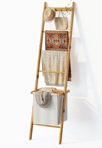 BAMBANG Deckenleiter mit Korb, 5-stufige Decken- und Steppdeckenhalterung Leiter Handtuchhalter mit 4 Haken für Wohnzimmer, dekorative Regalleiter mit Aufbewahrungshamper, Bambus Natu