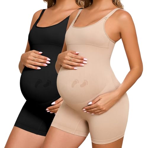 Women's Maternity Bodysuit Pregnancy Workout Shapewear Yoga Sleeveless Tank Top Shorts Seamless Romper Jumpsuit 1*black+1*nude XX-Large