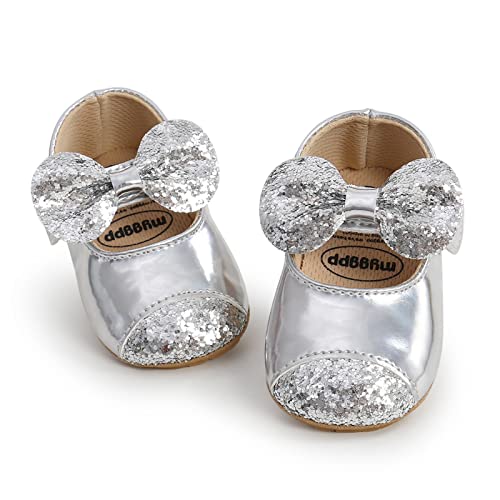 Baby Girls Mary Jane Flats Shoes Pu Vamp Non-Slip Rubber Soft Sole Moccasins Toddler First Walkers Princess Dress Shoes Silver 13Cm #TOP4