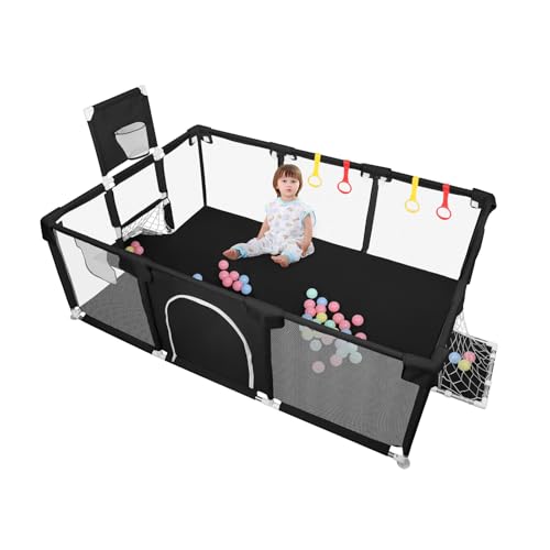 Parque infantil, gran parque infantil, actividad infantil, con bala, modulable, plegable, con puerta con cremallera, con 4 ventosas, 180 x 120 x 66 cm, color negro