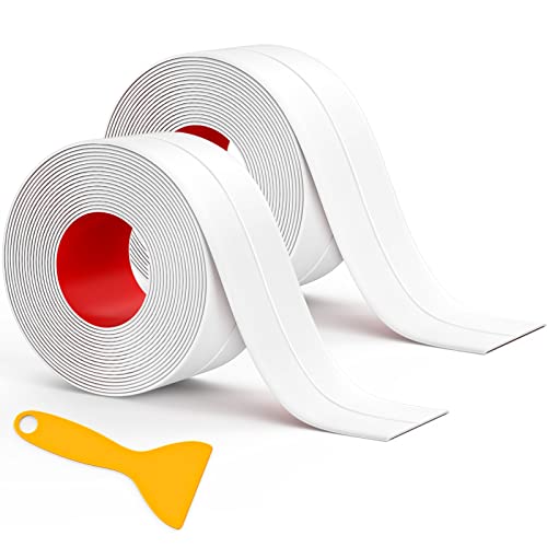 Image of Fixmend Caulk Tape, 2 Roll Self Adhesive Caulk Strip Waterproof, Caulking Sealant Tape for Kitchen, Countertop, Bathroom, Sink, Shower, Bathtub, Toilet Edge Protector with Sealing Tool (1.5 inch x 10.5Ft)