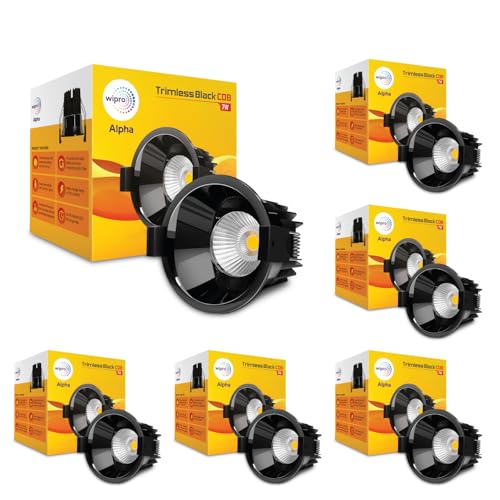 Image of wipro 7 Watt Alpha Trimless Black COB | Warm White (2700K) | Aluminium PDC Heat Sink | Sharp Beam Angle with Reflector for Home, Office and Store Cabinet Display | Pack of 6