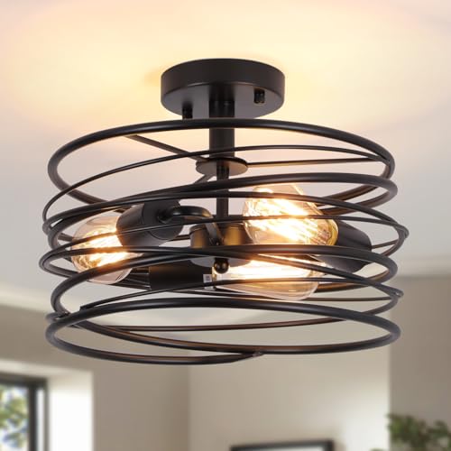 Chanlited Black 3-Light Rustic Drum Semi Flush Ceiling Light Fixture, Retro Farmhouse Chandeliers Metal Cage for Dining Room, Industrial Pendant Light Fixture for Entryway Kitchen Foyer Bedroom