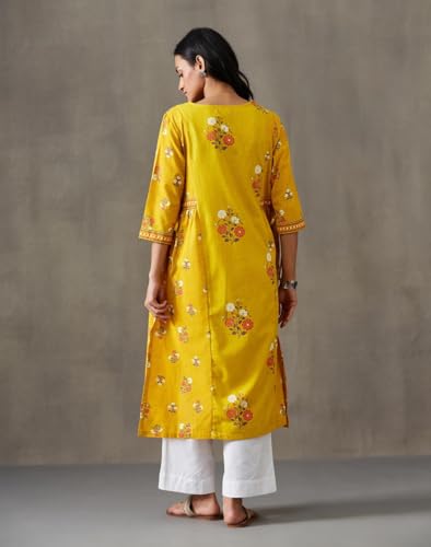 Kurta ethnique imprimé jaune Fabindia, la coupe longue fluide confortable