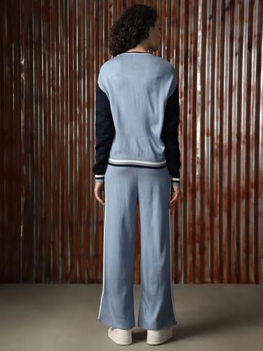 Image of High Star Women Knitted Acrylic Relaxed Fit High- Rise V Neck Long Sleeve Co-Ord