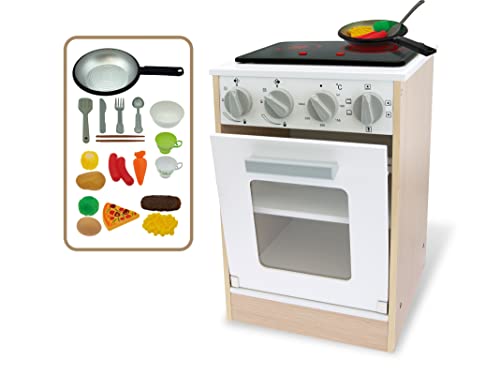 Teorema Giocattoli 40640 – Horno de Cocina de Madera, Juguete para niños con Placa a Pilas Accesorios, Altura 40 cm, con Luces y Efectos sonoros marrón, Blanco y Gris