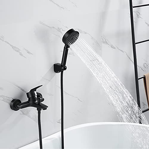 Auralum Grifo de bañera negro con alcachofa de mano, 5 funciones y manguera negra de acero inoxidable de 1,5 m, grifo de bañera con ducha para baño
