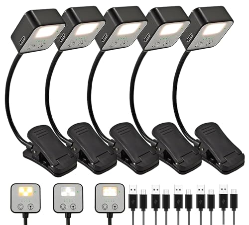 5 Pack Rechargeable Book Lights for Reading at Night in Bed Rechargeable LED Book Light with Memory Function Lightweight Booklight Bulk Clip on Small Travel Reading Lamps for Book Lovers USB Charging