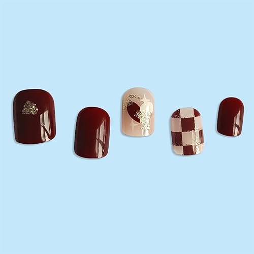 Miniatura 4 de 24 uñas postizas a presión con forma de corazón, cuadradas, cortas, rojas, ataúd, diseño de tablero de ajedrez rojo, purpurina, cobertura completa,