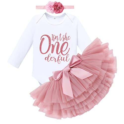 IMEKIS Baby Mädchen 1. Geburtstag Outfit Langarm Regenbogen Strampler + Bowknot Rüschen Tutu Rock + Blume Krone Stirnband 3tlg Geburtstagsfeier Bekleidungset Fotoshooting Requisiten Dunkelrosa 1 Jahr Cover