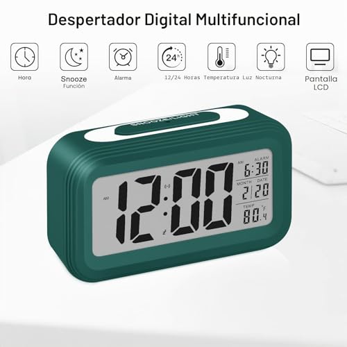 Miniatura 3 de Sarsumir Despertador Digital Despertador Despertador Mañana Silencioso E Inteligente A Baterías Con Led Despertador Luminoso Con Función Snooze Fecha Temperatura Para Niño, Niña Niño, Verde Oscuro