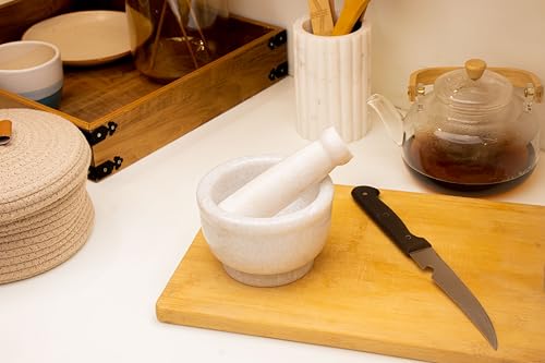 Image of B.R. & Sons 4 Inch White Marble Mortar and Pestle Set | Stylish Imam Dasta, Ohkli Musal for Spices & Herbs - Available in Various Shapes & Colors (WHITE POLISHED 4 INCH)