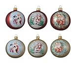  Selezione Varzi set 6 palline in vetro vintage disegno babbo natale assortite in oro e rosso varie scene cm 8