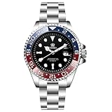 EIDIKA Orologio meccanico automatico da uomo, serie Submarine, calendario, lancette e indici luminosi, fondello espositivo, impermeabile, a carica automatica, sportivo, 43 mm, nero/blu/rosso (argento)