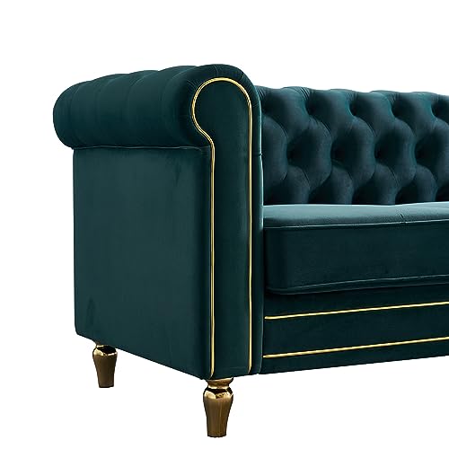 Image of KEIKI 85 inch Chesterfield Velvet Tufted Button Sofa with Deep Seat Cushions and Rolled Arms, Modern Style 3-Seater Couch Decorated with Gold Strip, Easy Assembly, for Living Room, Bedroom, Office, Green