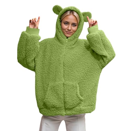 Veste polaire confortable avec capuche ours en laine d'agneau zippée pour automne-hiver