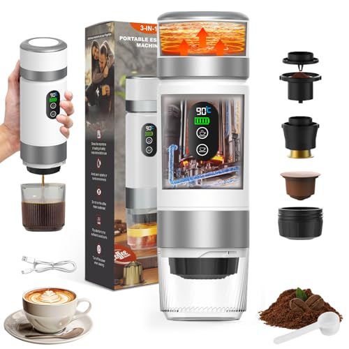 VHV Portable Travel Coffee Machine, 12 V Fast Heating 3 in 1 Portable Coffee Maker, Self-Heating 4 to 6 Minutes, Large Capsules, Ground Coffee, for Camping, Office, Home, Car (White)