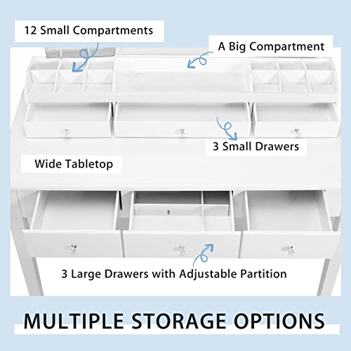 Charmaid Large Vanity Set With Tri-Folding Lighted Mirror, 3 Color Lighting Modes, 6 Drawers, 12 Storage Compartments, Bedroom Makeup Dressing Table With Cushioned Stool For Women Girls, White #TOP3