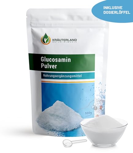 Kräuterland Glucosamin Pulver 500g - hochrein und hochdosiert - 100% reines Glucosaminsulfat Pulver in Premium Qualität